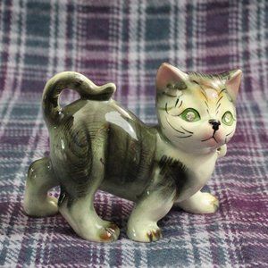 Vintage Gray Tabby Cat Rhinestone Eyes Figurine